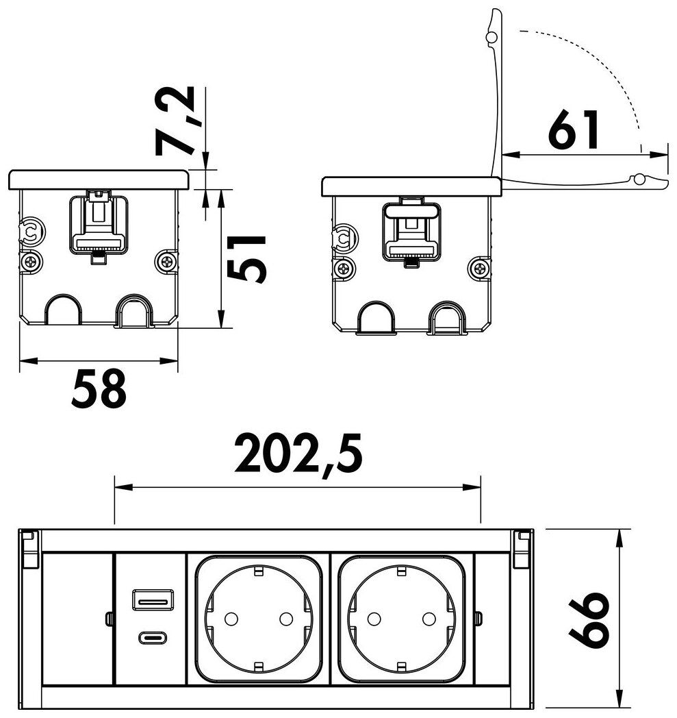 Naber VersaLid USB A/C, Steckdosenelement, mit belgischen/französischen Steckdosen, Deckel schwarz matt