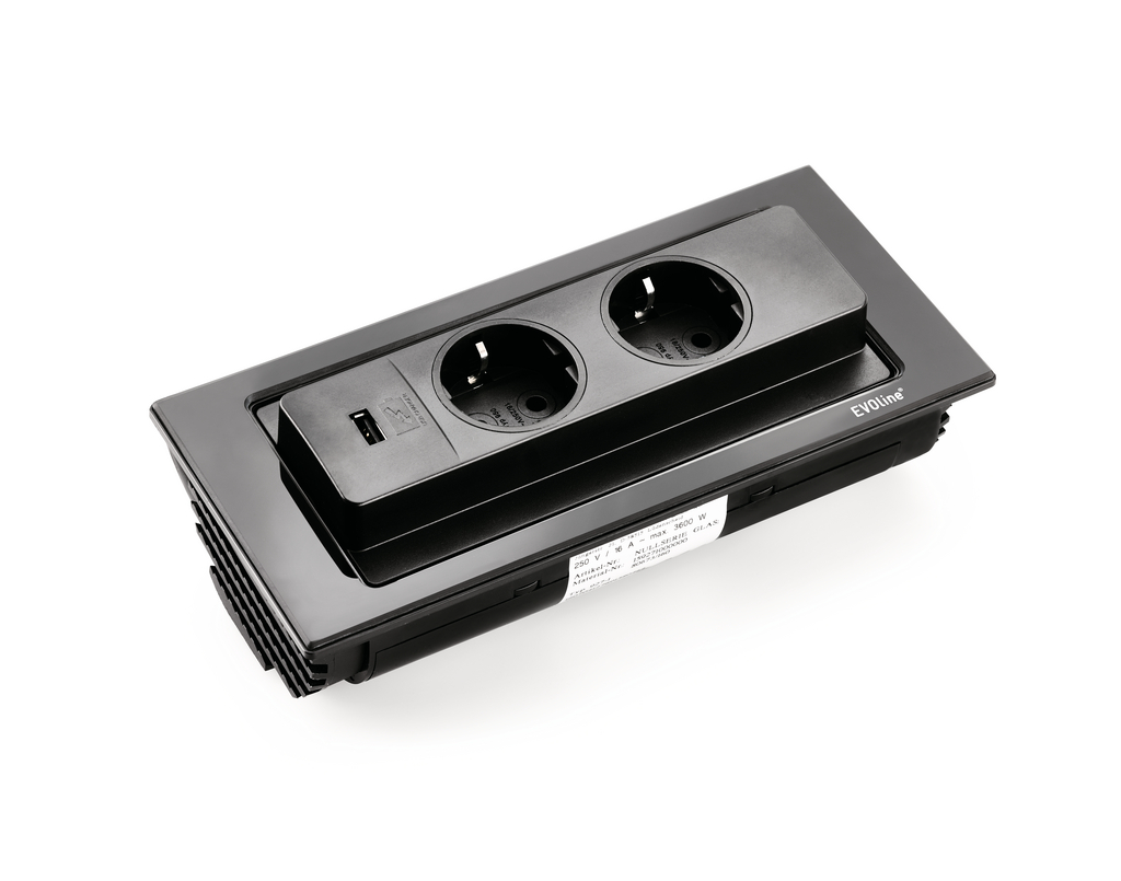 Naber Evoline® BackFlip-USB, Einbausteckdosenelemente, mit Schukosteckdosen, Edelstahl